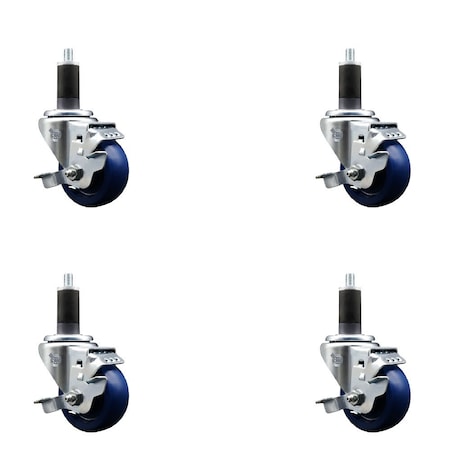 Service Caster 3'' SS Solid Poly Swivel 1-1/4'' Expanding Stem Caster Set with Brake, 4PK SCC-SSEX20S314-SPUS-TLB-114-4